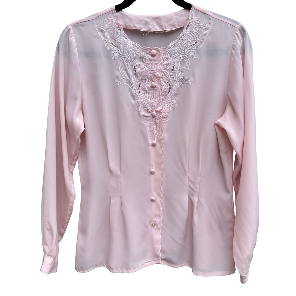 Vintage Coquette Pastel Pink Embroidered Lace Pintuck Blouse Victorian Romantic